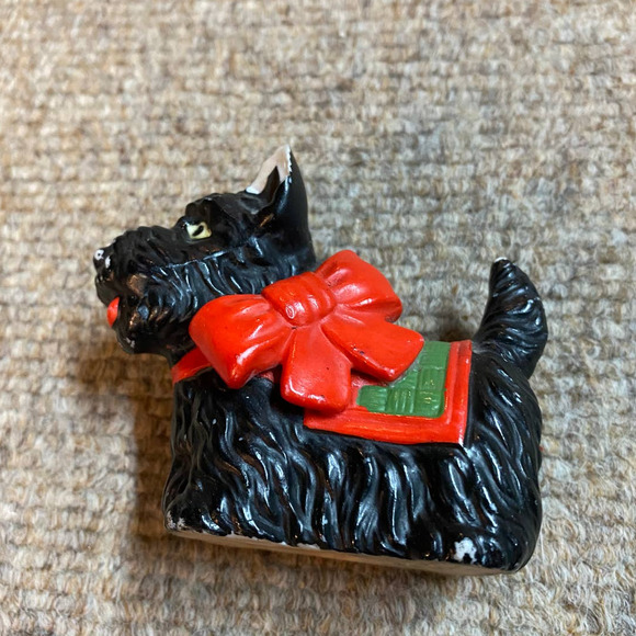 Vintage Antique Ceramic Black Scottie Figurine Red and Green Bow - Picture 1 of 3
